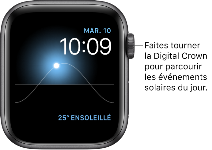 Cadran Solaire, qui montre le jour, la date et l’heure, et qui ne peut pas être modifié. Une complication Météo apparaît en bas à droite. Faites tourner la Digital Crown pour voir le crépuscule, l’aube, le soleil à son zénith ou se coucher, puis la nuit.