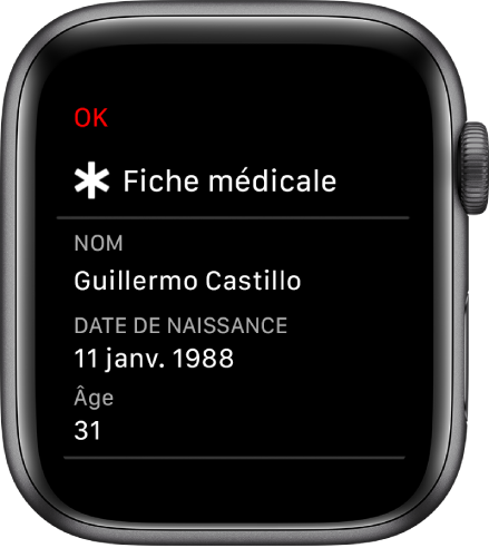 L’écran « Fiche médicale » affichant le nom de l’utilisateur, sa date de naissance et son âge.