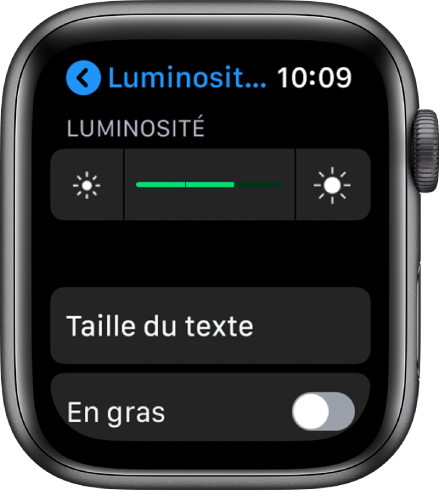 Réglages de luminosité sur l’Apple Watch, avec le curseur Luminosité en haut, le bouton Taille du texte en dessous et la commande de texte en gras en bas.