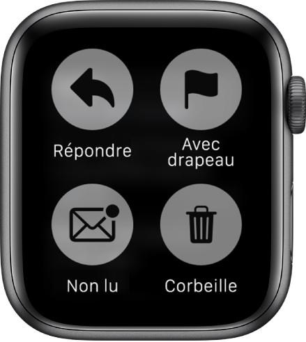 Si vous appuyez sur l’écran lorsqu’un message est affiché sur l’Apple Watch, quatre boutons s’affichent : Répondre, Drapeau, Non lu et Corbeille.