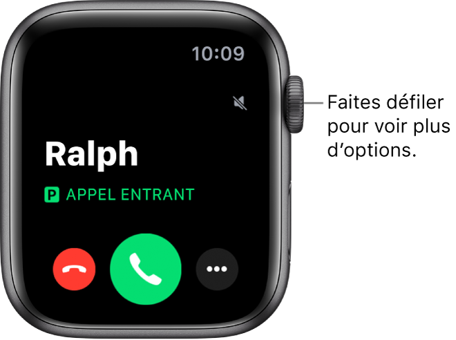 L’écran de l’Apple Watch lorsque vous recevez un appel : le nom de l’appelant, les mots « Appel entrant », le bouton rouge Refuser, le bouton vert Répondre et le bouton « Plus d’options ».