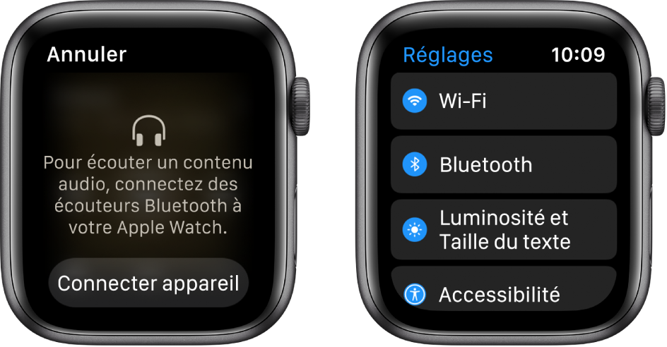 Si vous changez la source audio de votre Apple Watch avant de jumeler les écouteurs ou les haut-parleurs Bluetooth, un bouton « Connecter appareil » s’affiche en bas de l’écran. Il redirige vers les réglages Bluetooth de l’Apple Watch, où vous pouvez ajouter un appareil de sortie audio.
