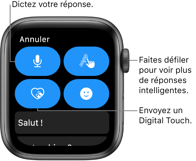 L’écran de réponse avec les boutons Dicter, Griffonner, Digital Touch et Emoji. Les réponses rapides se trouvent ci-dessous. Faites tourner la Digital Crown pour voir plus de réponses rapides.