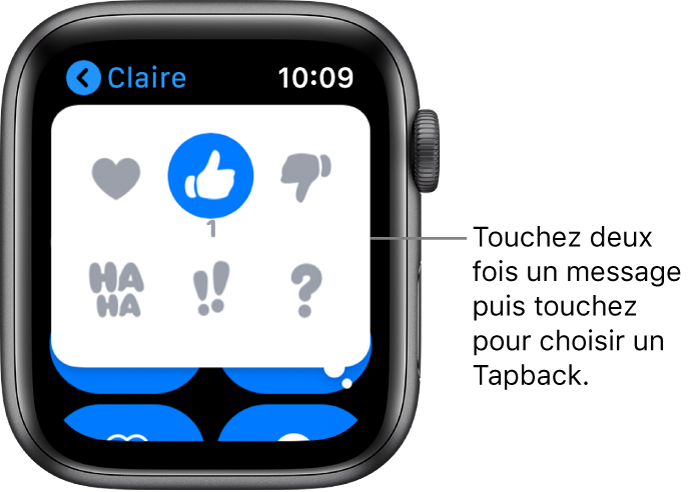 Conversation Messages avec des options Tapback : cœur, pouce vers le haut, vers le bas, Ha Ha, !! et ?.