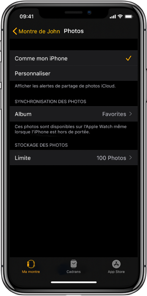 Réglages Photos dans l’app Apple Watch sur l’iPhone, avec le réglage Album synchronisé au milieu et le réglage Limite de photos en dessous.