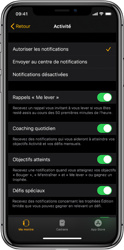 L’écran Activité de l’app Apple Watch, où vous pouvez personnaliser les notifications que vous souhaitez recevoir.