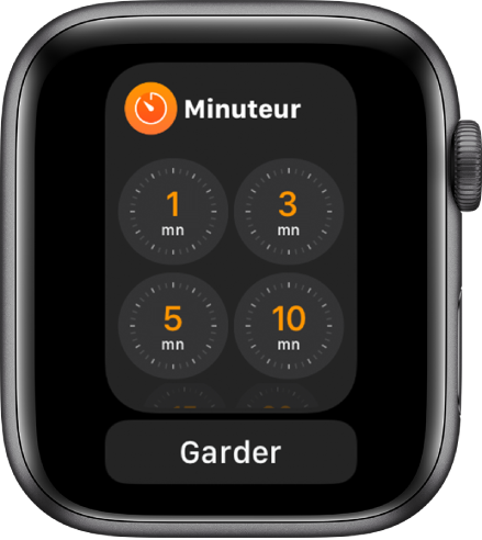 Écran de l’app Minuteur dans le Dock, le bouton Garder en dessous.