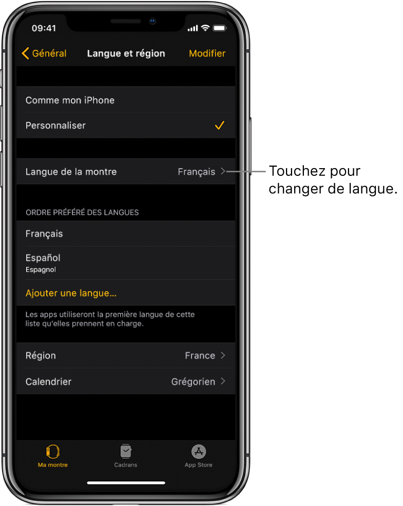 L’écran Langue et région de l’app Apple Watch, affichant le réglage Langue de la montre vers le haut de l’écran.
