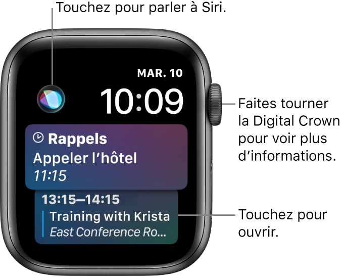Cadran Siri affichant un rappel et un événement du calendrier. Un bouton Siri est affiché en haut à gauche de l’écran. La date et l’heure sont affichées en haut à droite.