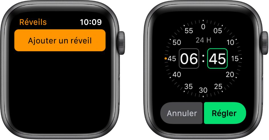 Deux cadrans montrant comment ajouter un réveil : Touchez Ajouter un réveil, touchez les heures ou les minutes (et AM ou PM, le cas échéant), faites tourner la Digital Crown pour régler l’heure puis touchez Régler.