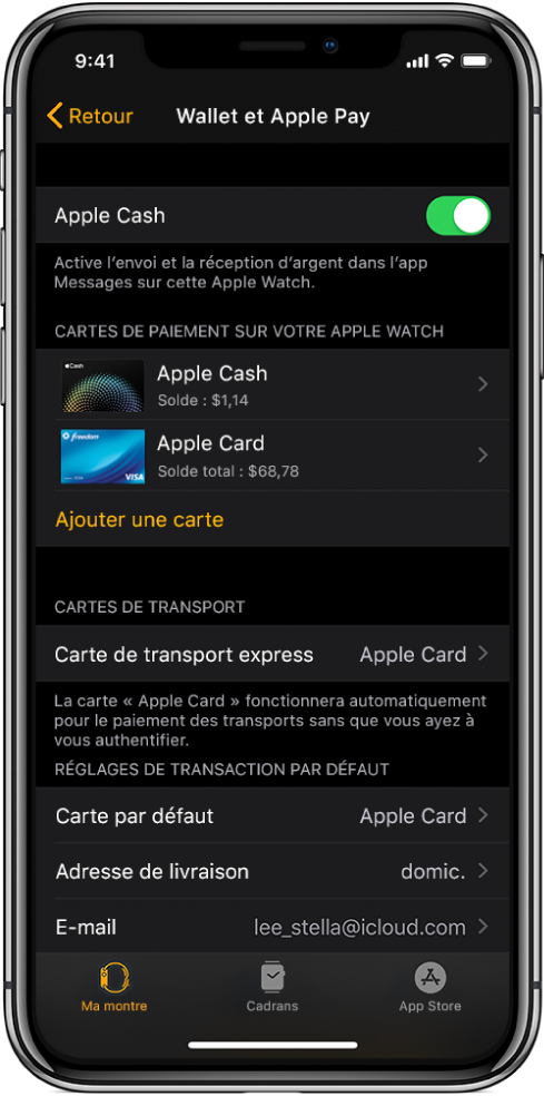 L’écran Wallet et Apple Pay de l’app Apple Watch sur l’iPhone. Il présente les cartes ajoutées à l’Apple Watch, la carte que vous avez choisie d’utiliser pour le transport express et les réglages par défaut des transactions.