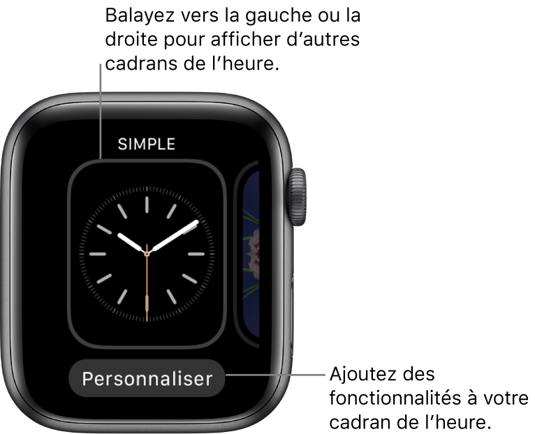 Si vous appuyez fort sur l’écran, le cadran actuel s’affiche avec un bouton Personnaliser en bas. Balayez vers la droite ou la gauche pour afficher d’autres options de cadrans indiquant l’heure. Touchez Personnaliser pour ajouter les fonctionnalités de votre choix.