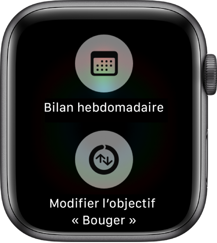 Écran de l’app Activité affichant les boutons Bilan hebdomadaire et Modifier l’objectif « Bouger ».