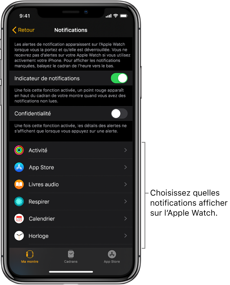 L’écran Notifications de l’app Apple Watch sur l’iPhone montrant des sources de notifications.