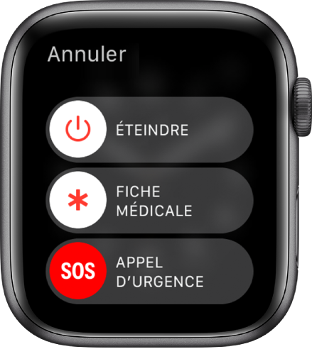 L’écran de l’Apple Watch affiche trois curseurs : Éteindre, Fiche médicale et Appel d’urgence. Faites glisser le curseur Éteindre pour éteindre l’Apple Watch.
