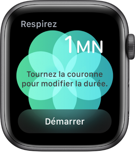 Écran de l’app Respirer montrant une durée d’une minute en haut à droite. Le bouton Démarrer est en bas.