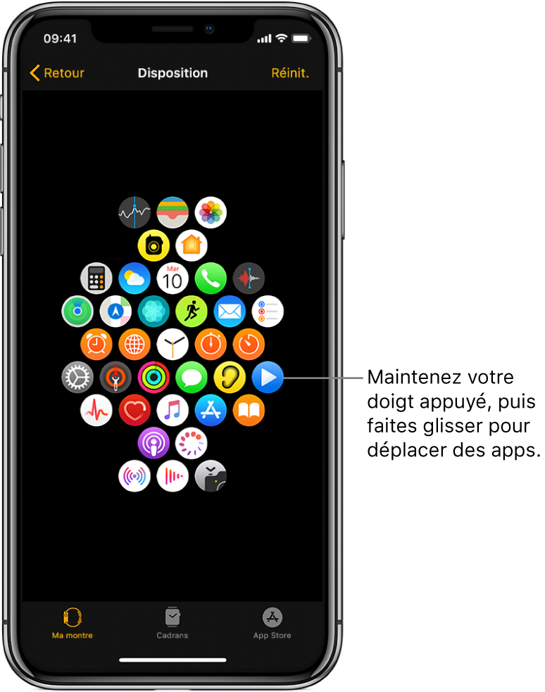 L’écran Disposition de l’app Apple Watch présentant une grille d’icônes. Une légende pointe vers l’icône d’une app et dit : « Maintenez appuyé, puis faites glisser pour déplacer des apps ».