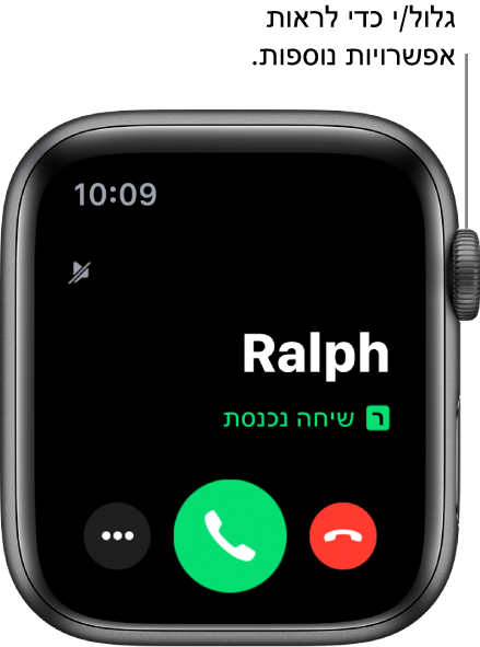 מסך ה‑Apple Watch בעת קבלת שיחה: שם המתקשר, המילים ״שיחה נכנסת״, הכפתור ״דחה״ האדום, הכפתור ״ענה״ הירוק והכפתור ״אפשרויות נוספות״.