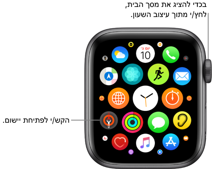 מסך הבית בתצוגת רשת ב‑Apple Watch, עם יישומים המוצגים בקבוצה. הקש/י על יישום כדי לפתוח אותו. גרור/י להצגת יישומים נוספים.