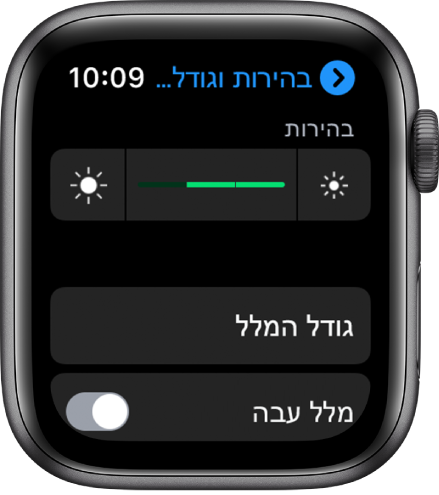 הגדרות ״בהירות״ ב‑Apple Watch, עם המחוון ״בהירות״ בחלק העליון, הכפתור ״גודל המלל״ מתחתיו והפקד ״מלל עבה״ בחלק התחתון.