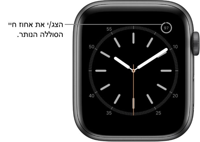 עיצוב שעון המציג את מאפיין אחוזי הסוללה בפינה הימנית העליונה.
