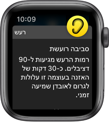 Apple Watch המציג עדכון ״רעש״. הצלמית של היישום המשויך לעדכון תופיע משמאל למעלה. ניתן להקיש עליה כדי לפתוח את היישום.