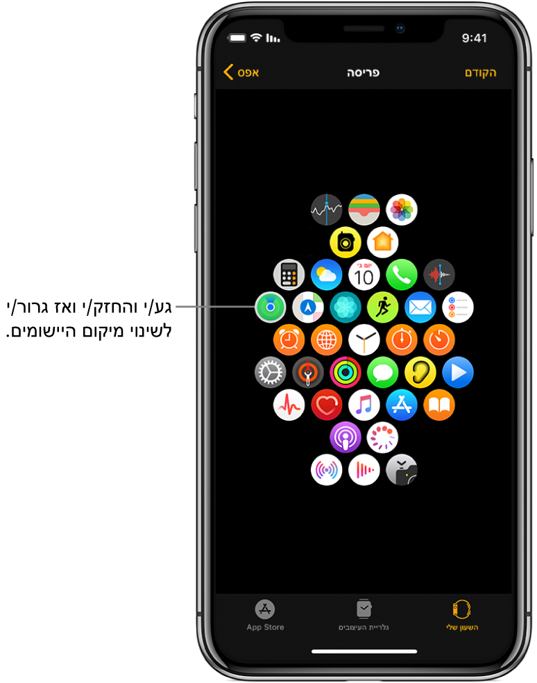 מסך ״פריסה״ ביישום Apple Watch, מציג רשת של צלמיות. הסבר מצביע לכיוון צלמית של יישום עם הכיתוב ״יש לגעת ביישום ואז לגרור כדי להזיז אותו למקום אחר״.