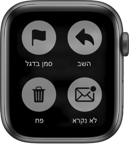בעת לחיצה על הצג בזמן צפייה בהודעה ב‑Apple Watch, מופיעים על המסך ארבעה כפתורים: ״השב״, ״סמן בדגל״, ״לא נקרא״ ו״פח״.
