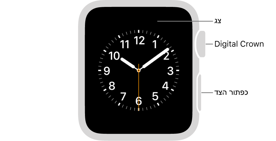 צדו הקדמי של ה‑Apple Watch Series 3 ודגמים מוקדמים יותר, עם הסברים המצביעים לכיוון התצוגה, ה‑Digital Crown וכפתור הצד.
