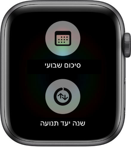 מסך היישום ״פעילות״ מציג את הכפתור ״סיכום שבועי״ ואת הכפתור ״שנה יעד תנועה״.
