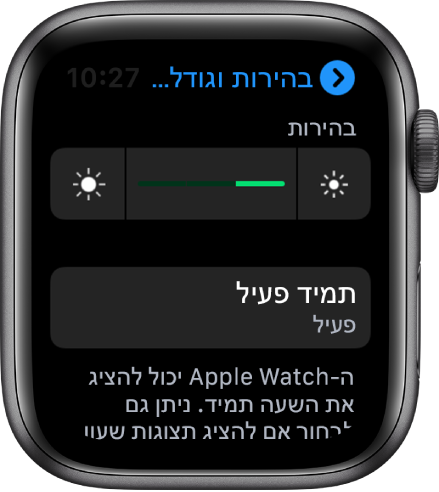 המסך של Apple Watch, עם הכפתור ״תמיד פעיל״ במסך ״בהירות וגודל מלל״.