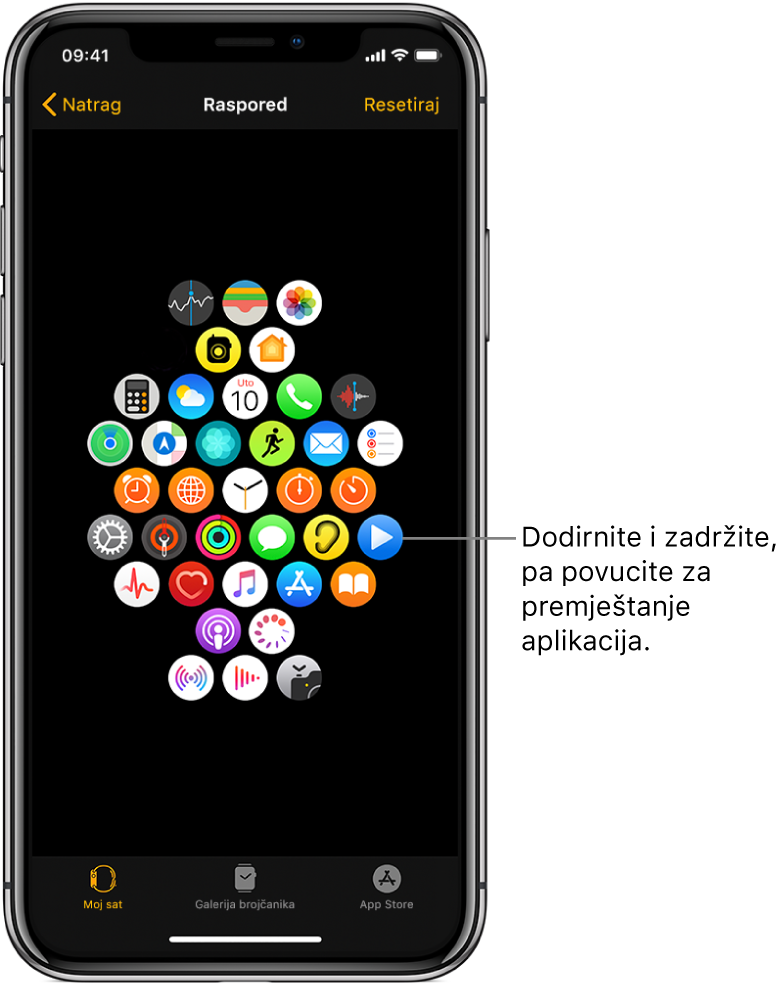Raspored zaslona u aplikaciji Apple Watch s prikazom rešetke ikona. Oblačić pokazuje na ikonu aplikacije i glasi: "Dodirnite i zadržite, zatim povucite za pomicanje aplikacija".