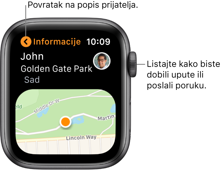 Zaslon s prikazom detalja o lokaciji prijatelja, uključujući njihovu udaljenost i njihovu lokaciju na karti.