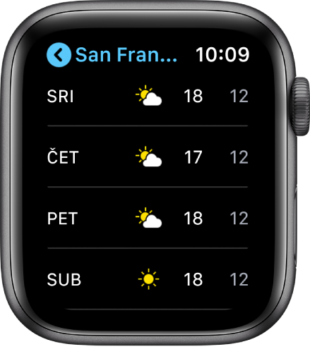 Aplikacija Vrijeme prikazuje prognozu za tjedan dana.