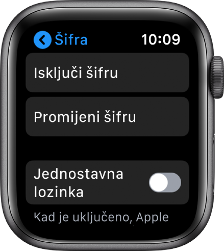 Postavke Šifre na Apple Watchu, s tipkom Isključi šifru pri vrhu zaslona, tipkom Promijeni šifru dolje u nastavku i Jednostavna šifra na dnu.