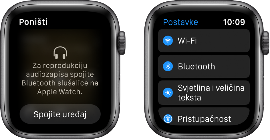 Ako prebacite audio izvor na svoj Apple Watch prije nego što uparite Bluetooth zvučnike ili slušalice pojavit će se tipka Spoji uređaj na dnu zaslona koja vas vodi do Bluetooth postavki na Apple Watchu; tamo možete dodati uređaj na kojem slušate glazbu.