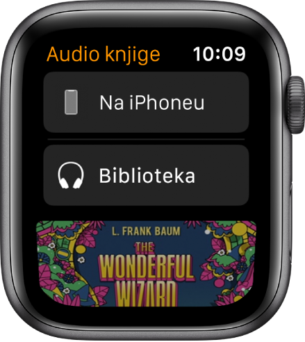 Apple Watch sa zaslonom aplikacije Audio knjige s tipkom Na iPhoneu pri vrhu, tipkom Medijateka ispod, te dijelom omota audio knjige na dnu.
