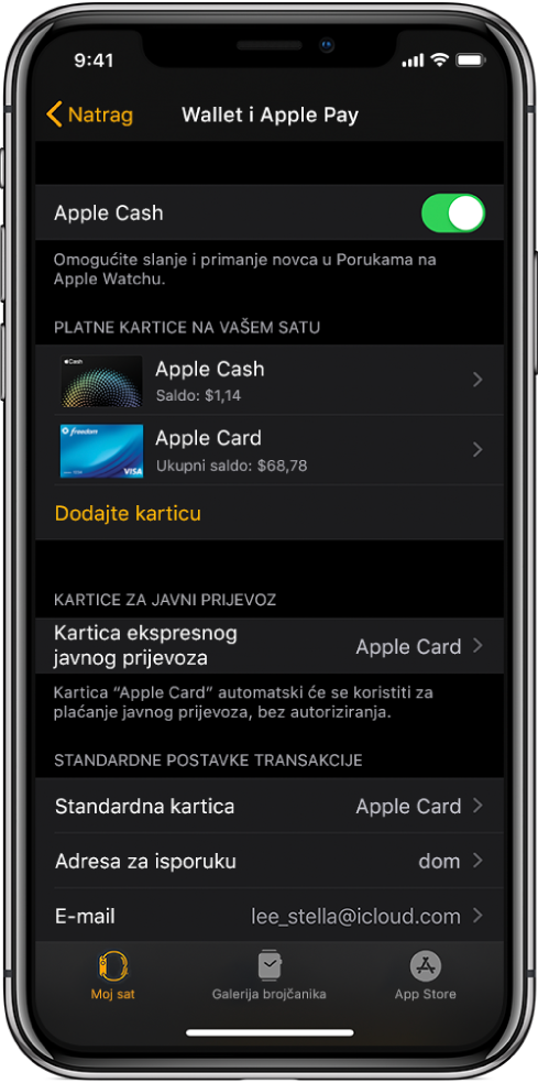 Zaslon Wallet i Apple Pay u aplikaciji Apple Watch na iPhoneu. Na zaslonu su prikazane kartice dodane na Apple Watch, kartica koju ste odabrali za ekspresni javni prijevoz i standardne postavke transakcije.