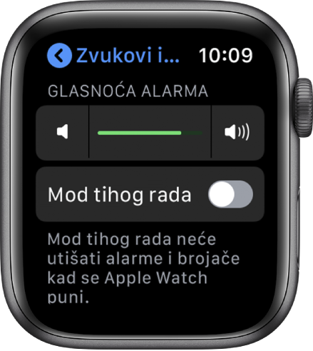 Postavke za opciju Zvukovi i vibracija na Apple Watchu, s kliznikom Glasnoće alarma pri vrhu zaslona i Moda tihog rada ispod kliznika.
