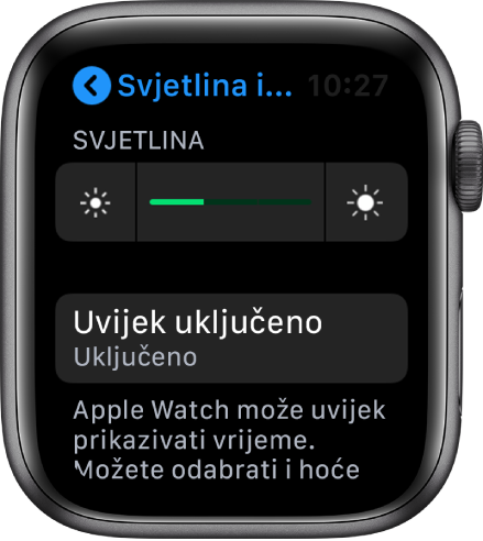 Zaslon Apple Watcha s tipkom Uvijek uključeno u zaslonu Svjetlina i veličina teksta.