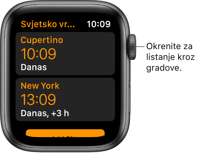 Aplikacija Svjetsko vrijeme s popisom gradova i traka za listanje.