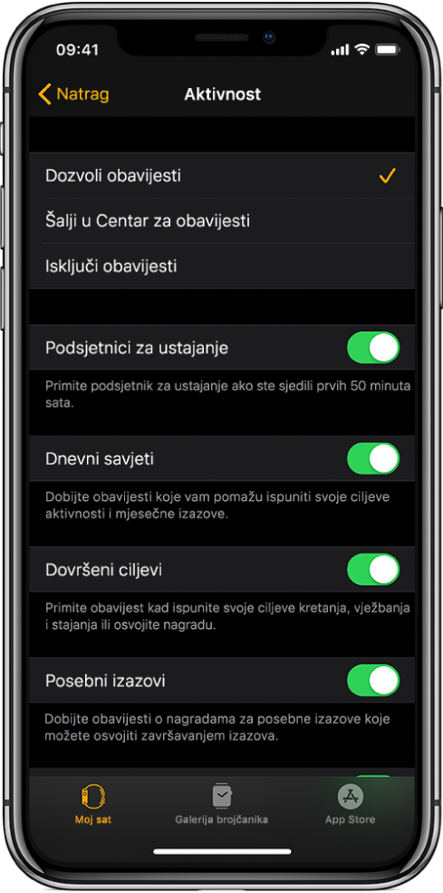 Zaslon Aktivnost u aplikaciji Apple Watch gdje možete prilagoditi koje obavijesti želite dobivati.