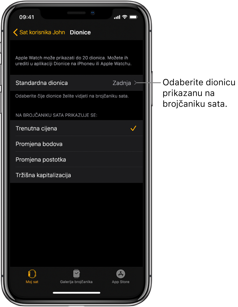 Zaslon s postavkama aplikacije Dionice u aplikaciji Apple Watch na iPhoneu s prikazom opcija za odabir vaše Standardne dionice, koja je postavljena na Posljednje gledano.