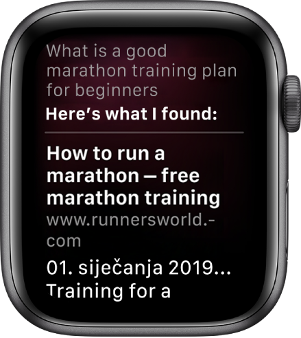 Siri odgovara na pitanje “What is a good marathon training plan for beginners” koristeći odgovore s weba.