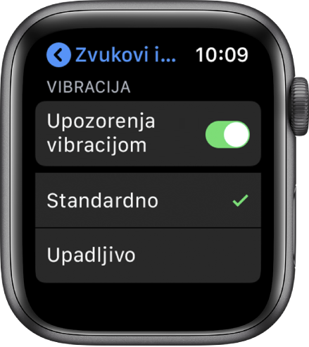 Postavke za Zvukove i vibracije na Apple Watchu, s prebacivanjem za obavijesti vibracijom, s opcijama Standardno ili Upadljivo ispod njih