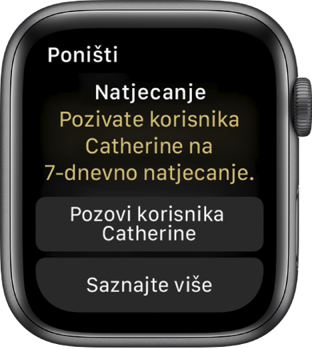 Zaslon Sudjeluj s riječima “Natjecanje: Pozivate Catherine na sedmodnevno natjecanje”. Dvije tipke se nalaze ispod. Na prvoj piše “Pozovi Catherine,” a na drugoj “Saznajte više”.