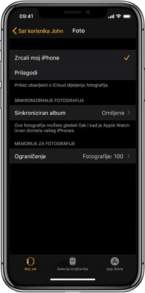 Postavke aplikacije Foto u aplikaciji Apple Watch na iPhoneu, s postavkom Sinkroniziran album u sredini zaslona i postavkom Ograničenje fotografija dolje ispod.
