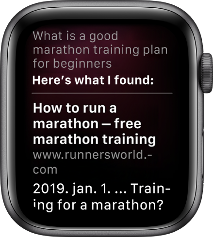 A Siri, amint válaszol a kérdésre: „What is a good marathon training plan for beginners”; a válasz a webről származik.