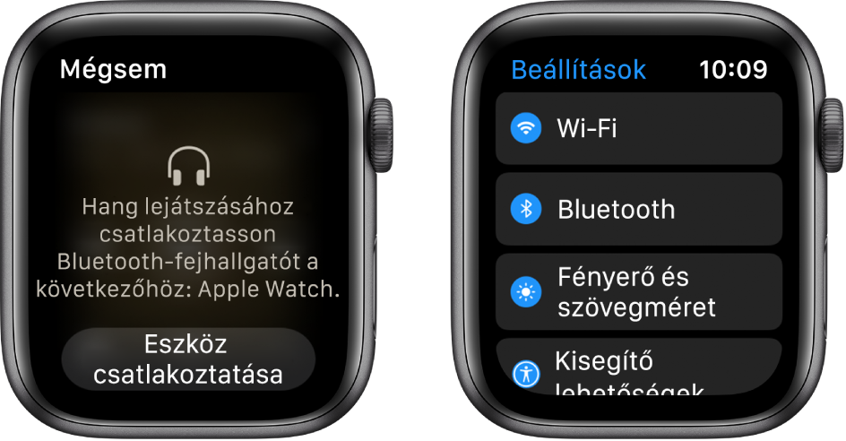 Ha a Bluetooth-hangszórók vagy -fejhallgatók csatlakoztatása előtt átállítja a hangforrást az Apple Watchra, megjelenik a képernyő alsó részén az Eszköz csatlakoztatása gomb, amellyel megnyithatja a Bluetooth-beállításokat az Apple Watchon, és megadhat egy eszközt a zenehallgatáshoz.
