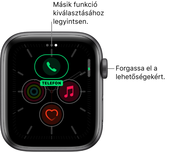 A Szélességi kör óraszámlap testreszabási képernyője, kiemelt Telefon komplikációval. A beállítások módosításához forgassa el a Digital Crownt.